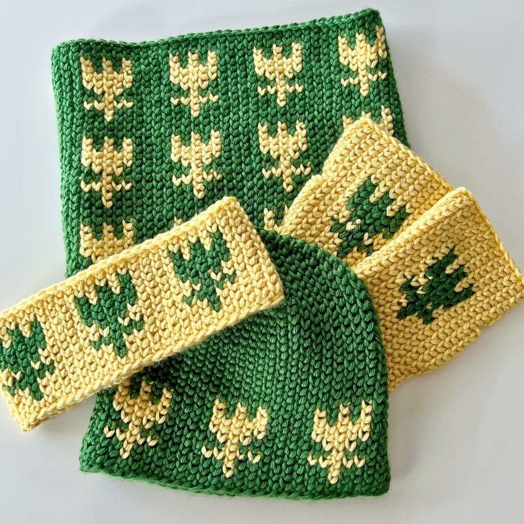 Free Crochet Pattern: First Signs of Springtime Set (Hat, Cowl, Earwarmer, Fingerless Mitts)
